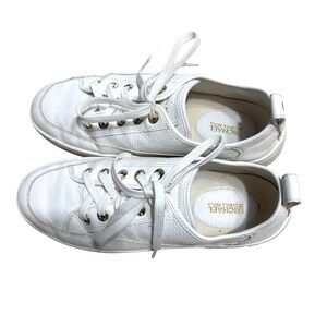 Michael Kors White Leather Sneakers Women's 8M Gold Eyelets Lace Up Casual Shoes